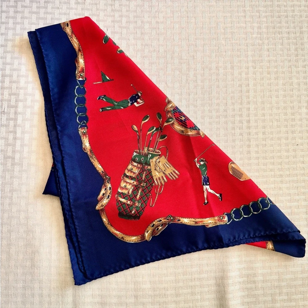 Vintage Golf Print Red &‎ Navy Plaid Scarf 32” Square Satiny Finish